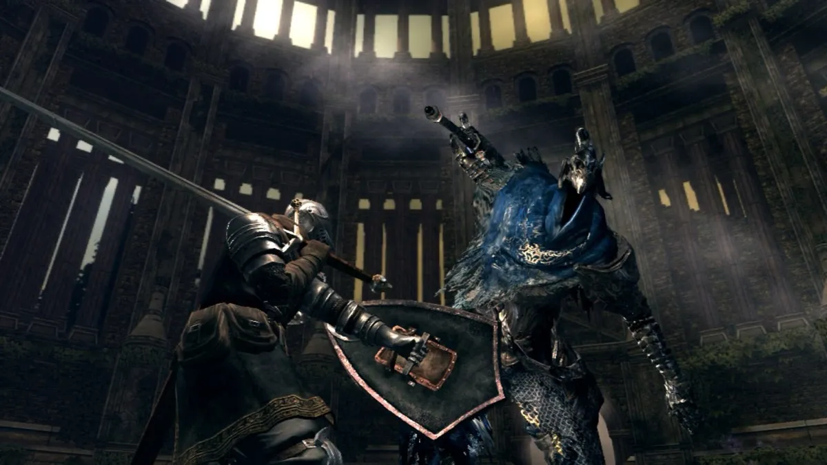 A knight faces off against an armored giant in "Dark Souls"