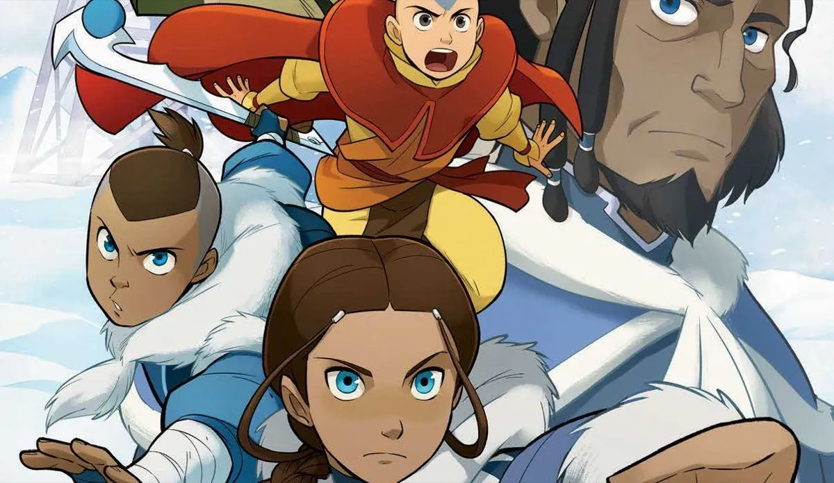Cover art for "North and South" featuring Katara, Sokka, Aang, and Hakoda