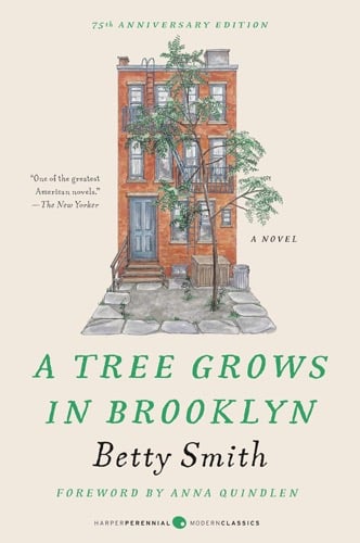 Cover art for "a tree grows in Brooklyn" showing a brownstone house
