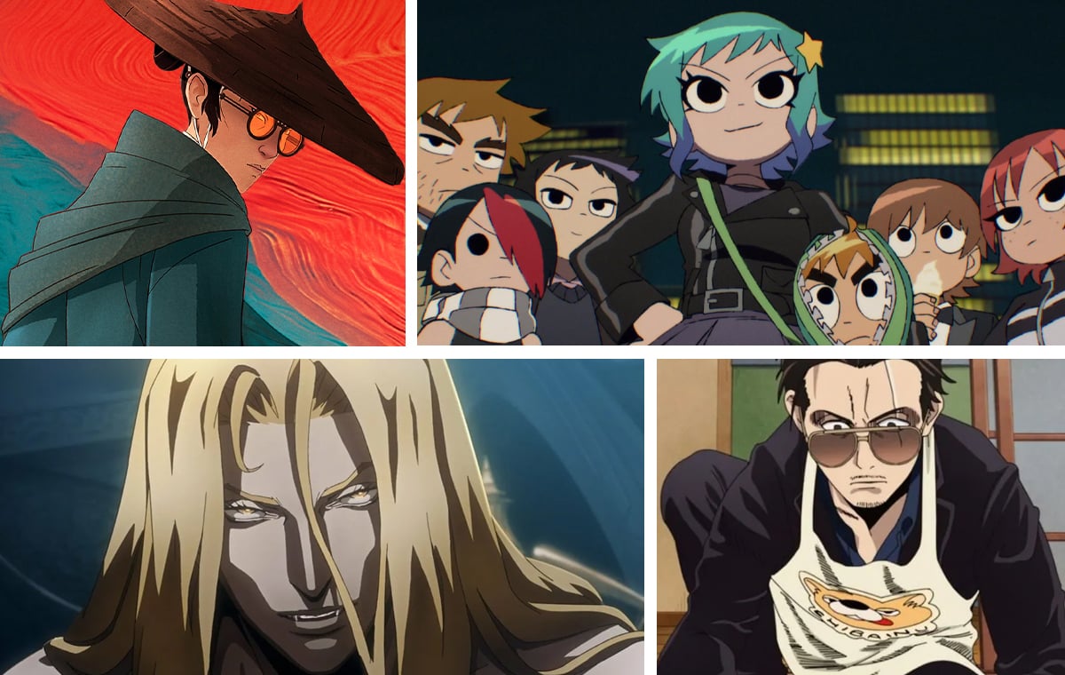 A collage featuring some of the best original anime on Netflix (clockwise from top left): 'Blue Eye Samurai,' 'Scott Pilgrim Takes Off,' 'The Way of the Househusband,' and 'Castlevania'