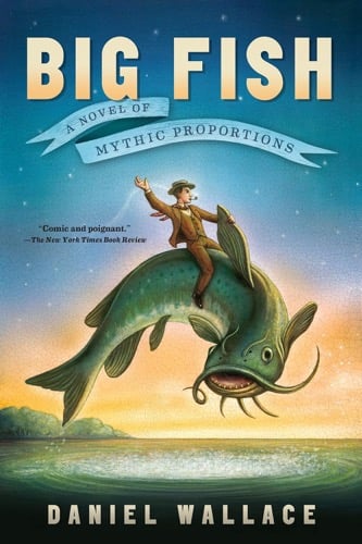 A man rides a giant catfish on cover art for "Big Fish"