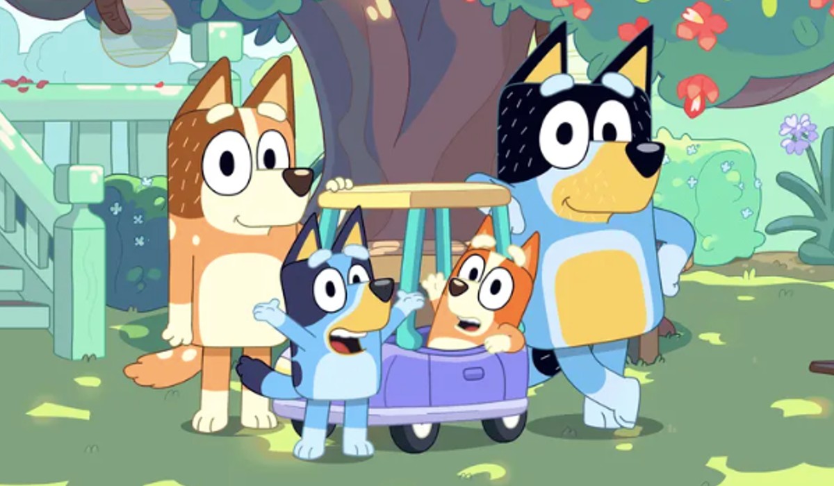 Bluey, Bingo, Chili, and Bandit Heeler from the show Bluey