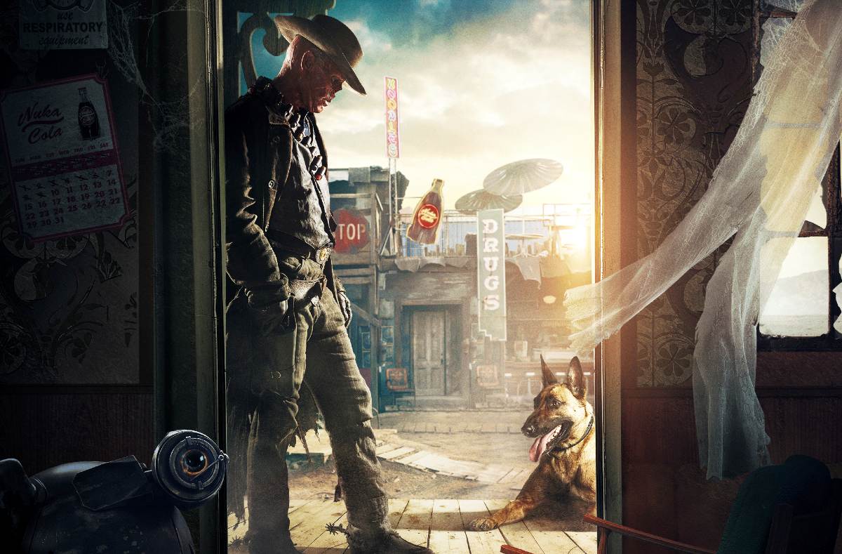 A man leans against a doorway in a post-apocalyptic world in 'Fallout' series.