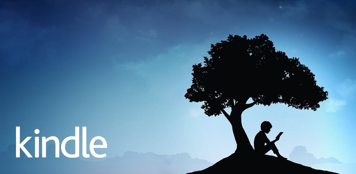 A photo of the kindle app logo featuring a boy reading under a tree