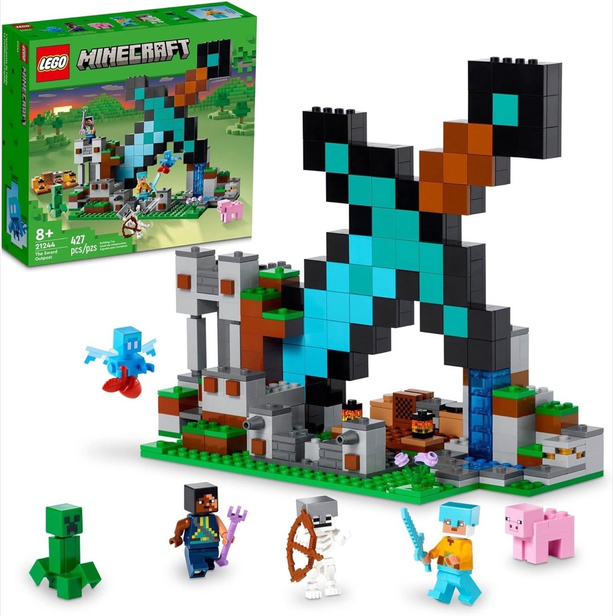 A LEGO "Minecraft" outpost shaped like a sword