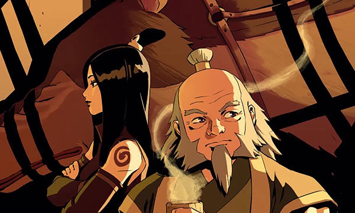 Iroh holds a steaming cup of tea while Jun stands with arms folded in "Tea Avatar Tales"