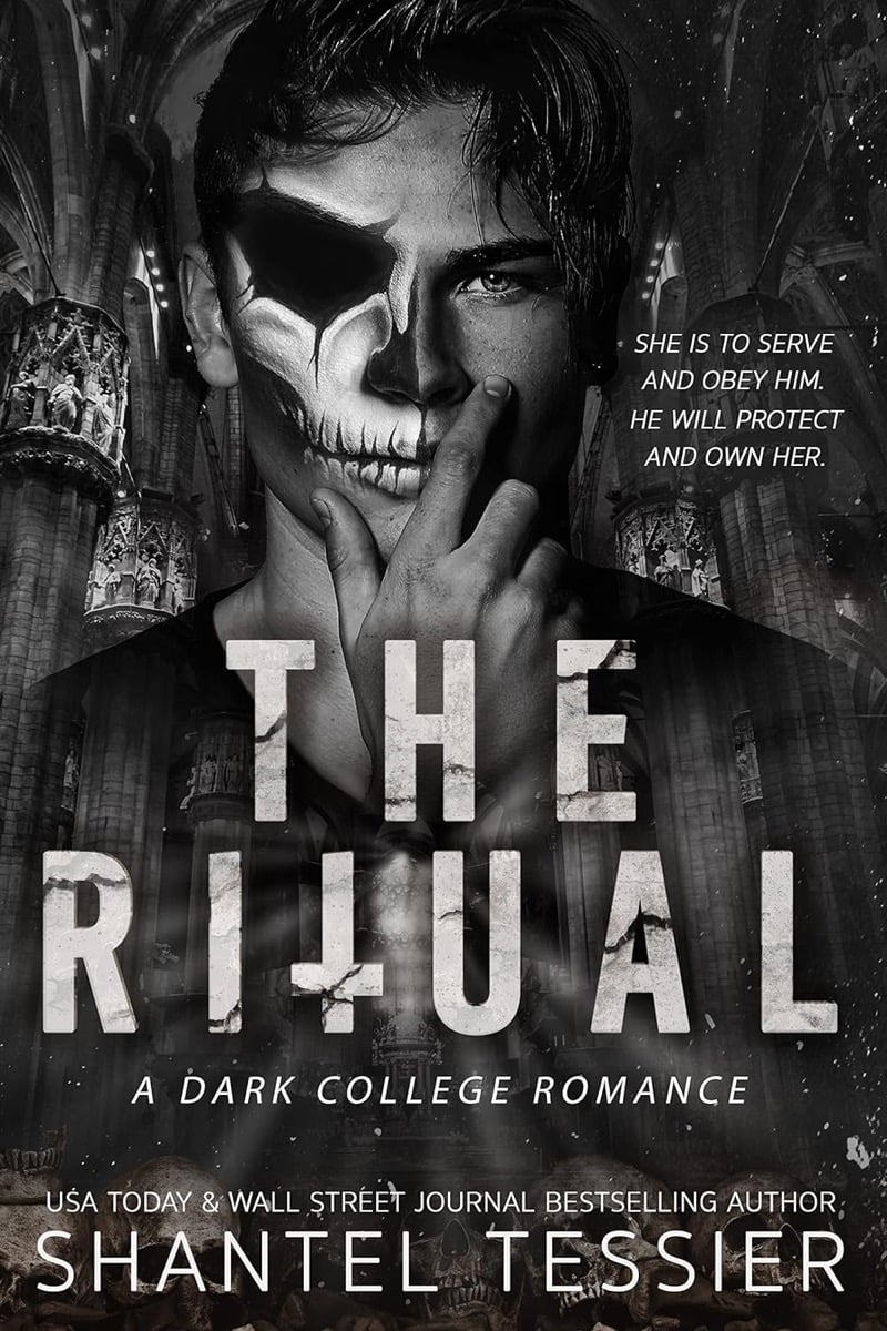 Cover art for 'The Ritual" featuring a man with his skull exposed on half his face.
