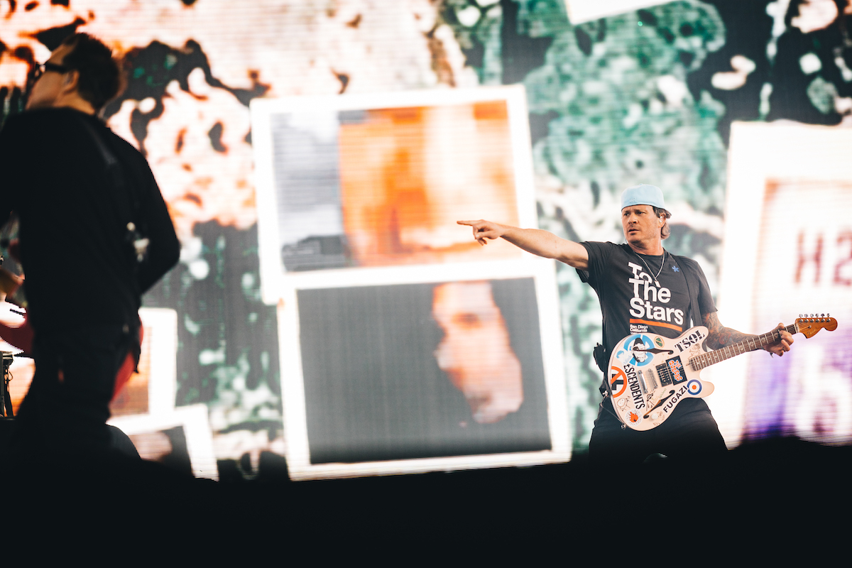 Mark Hoppus and Tom DeLonge of Blink-182 perform onstage.