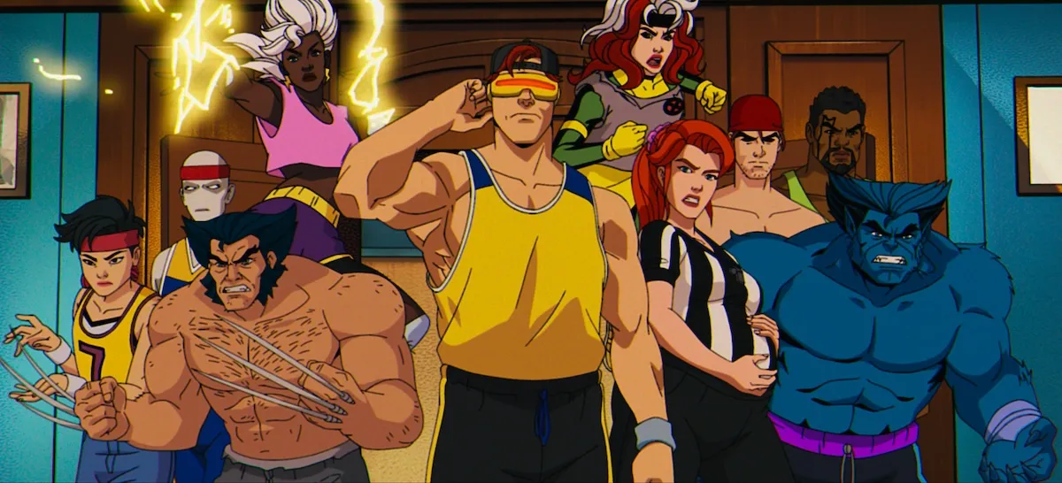 The X-Men stand in a doorway, ready for battle, wearing basketball uniforms.